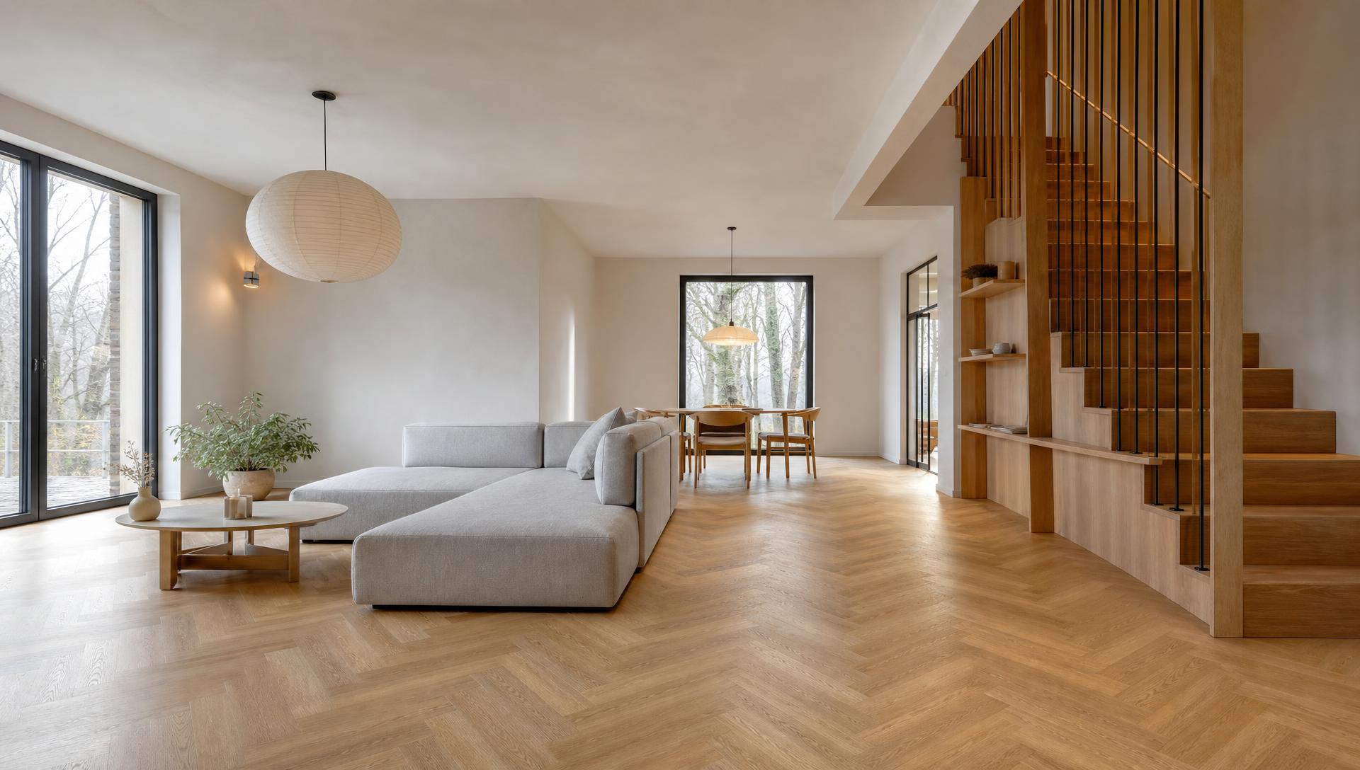 Bright open-plan living room after a full interior renovation, with herringbone oak flooring and a grey sofa